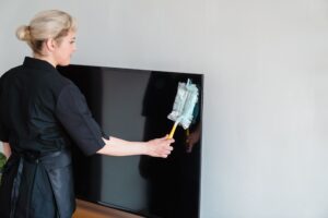 Empregada doméstica limpando ambiente de casa
